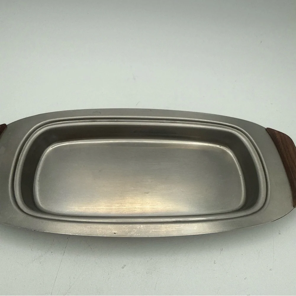 VTG MCM Monarch Mark III 18-8 Stainless Steel Butter Dish Wood Handles Japan